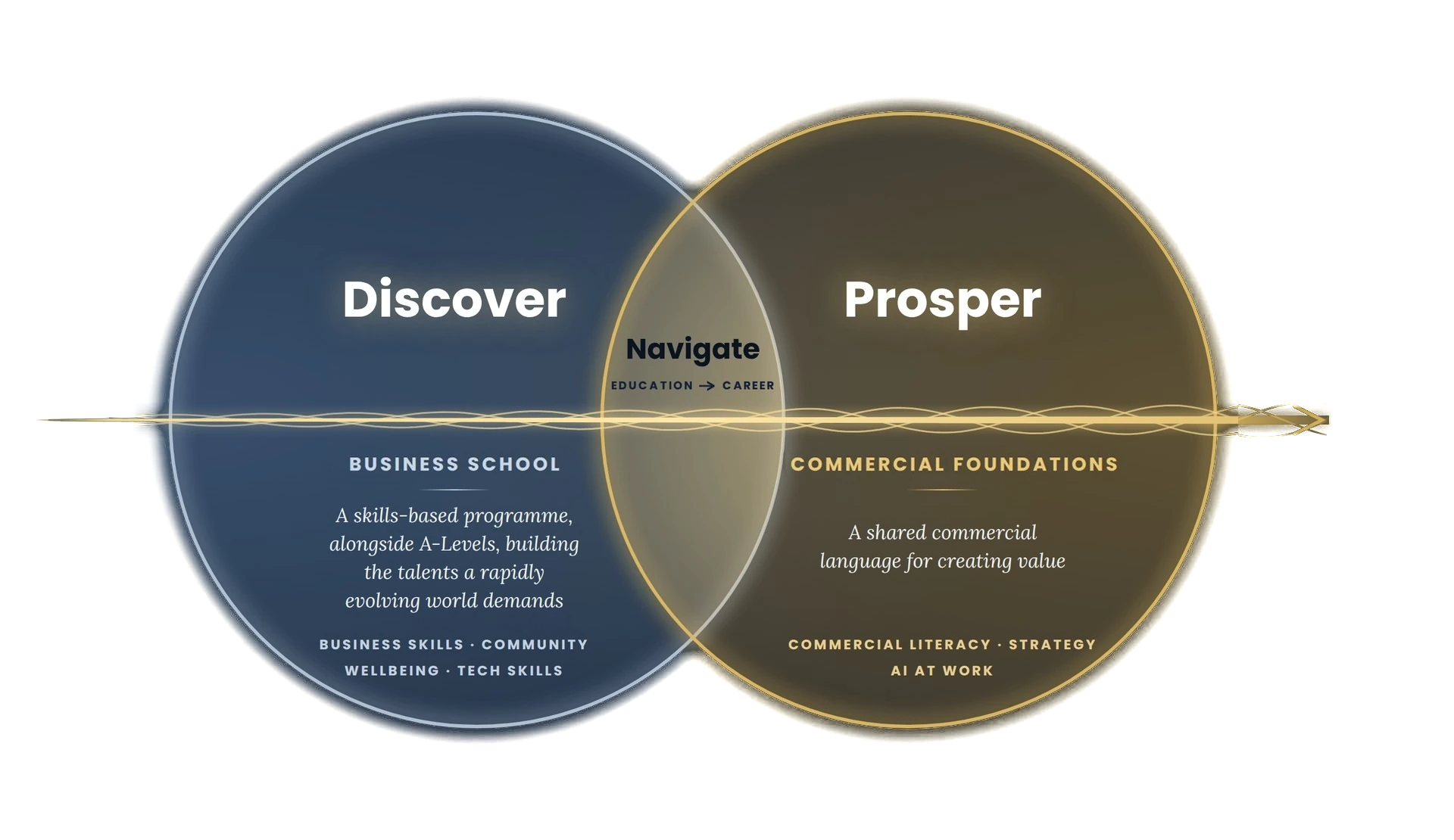 Two complete programmes, one direction of travel. Discover: The Business School. Navigate: education to career. Prosper: Commercial Foundations. A business compass runs through both, and keeps going.